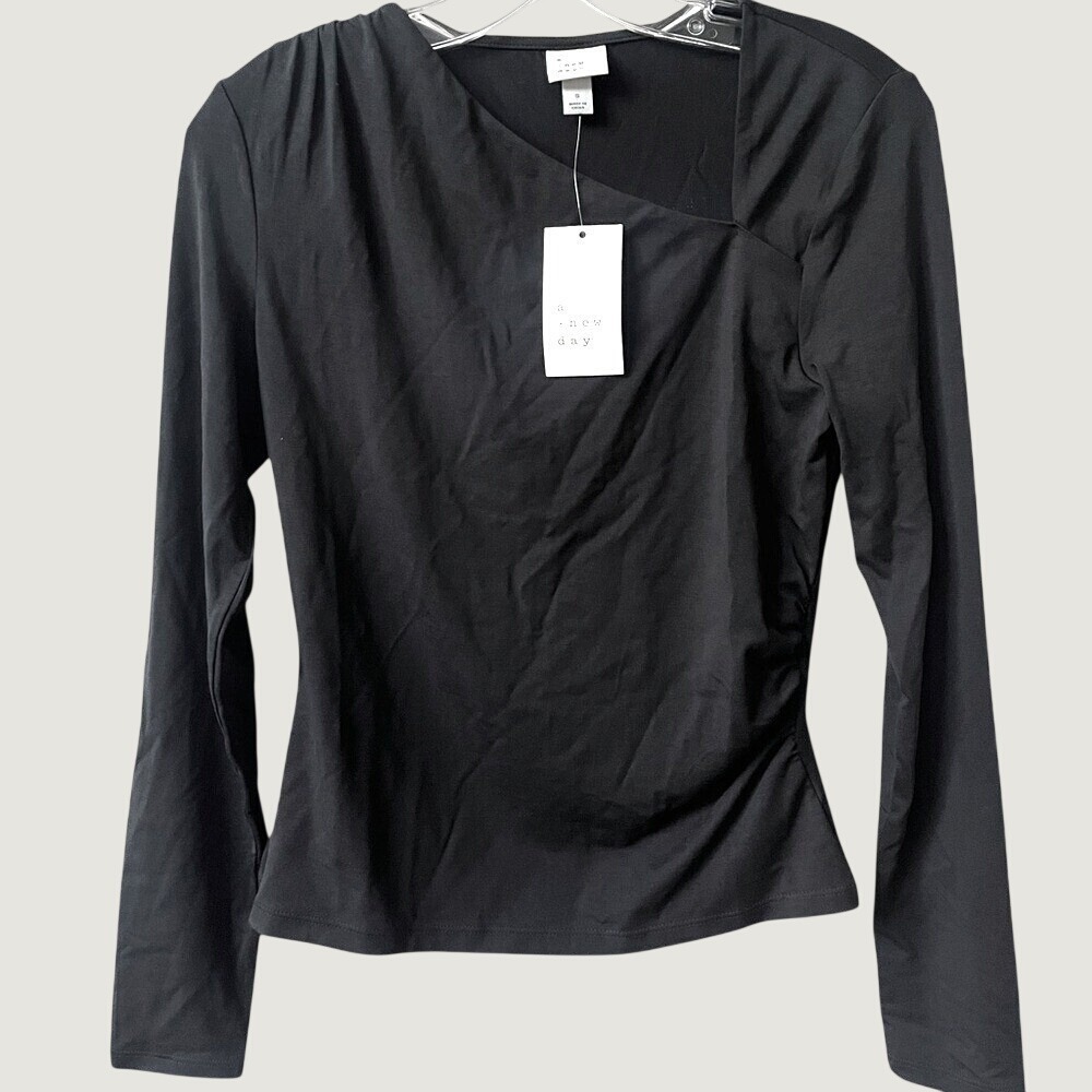 A New Day Long Sleeve Asymmetrical Neckline Top Womens Small Black Draped NWT